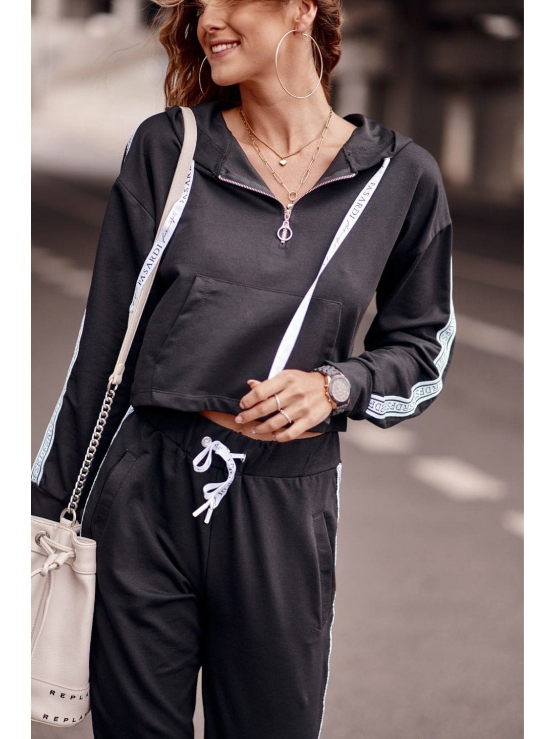 Women\'s tracksuit set with a stripe, black FI659 - Online store - Boutique